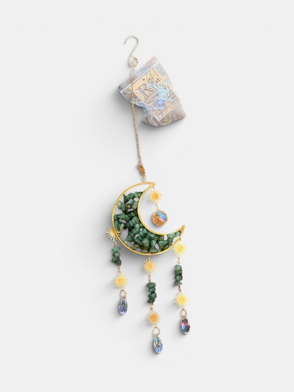 Gold Crescent Moon Hanging Charm with Green Stone Chips